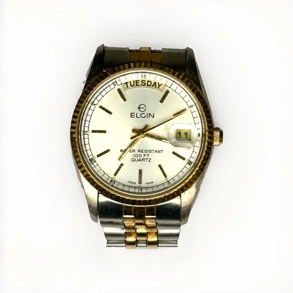 Vintage Elgin FC412 6M55 Two-Tone Day-Date Quartz Men's Watch 100ft